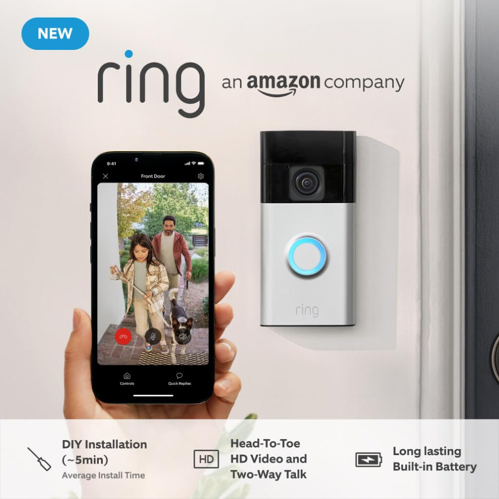 New Ring Battery Video Doorbell DIY Wireless Video Doorbell Camera I Head-To-Toe View, HD Video | Easy to install (5 min) | With Built-in Battery