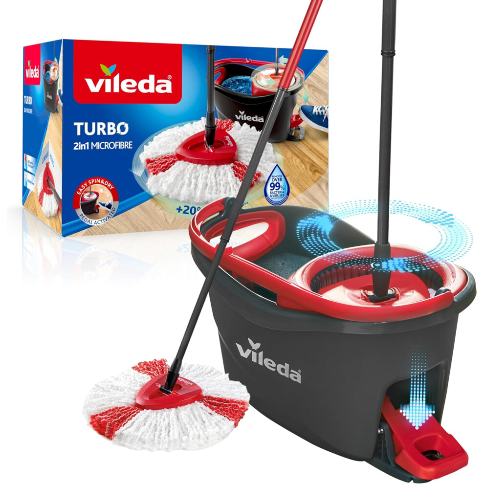 Vileda Turbo Microfibre Mop And Bucket Set, Spin Mop For Cleaning Floors, Set Of 1x Mop And 1x Bucket, Eco Packaging