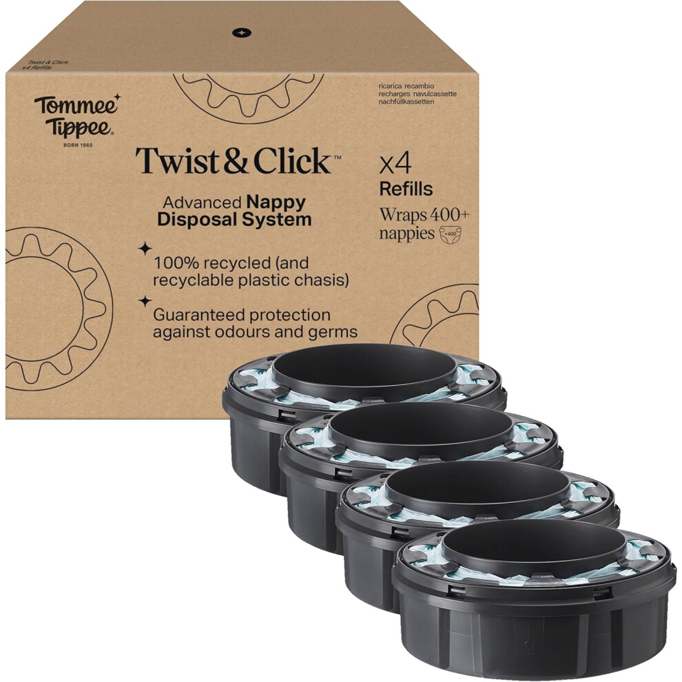 Tommee Tippee Twist and Click Advanced Nappy Bin Original Refill Cassettes, Exclusive Pack of 4, for Easy refill and Great value (pack may vary)