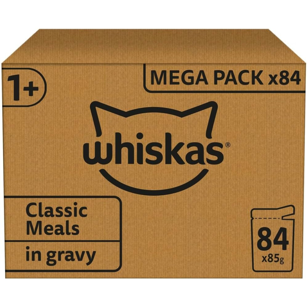 Whiskas 1+ Adult Classic Selection in Gravy 84 Pouches, Adult Wet Cat Food, Megapack (84 x 85 g)