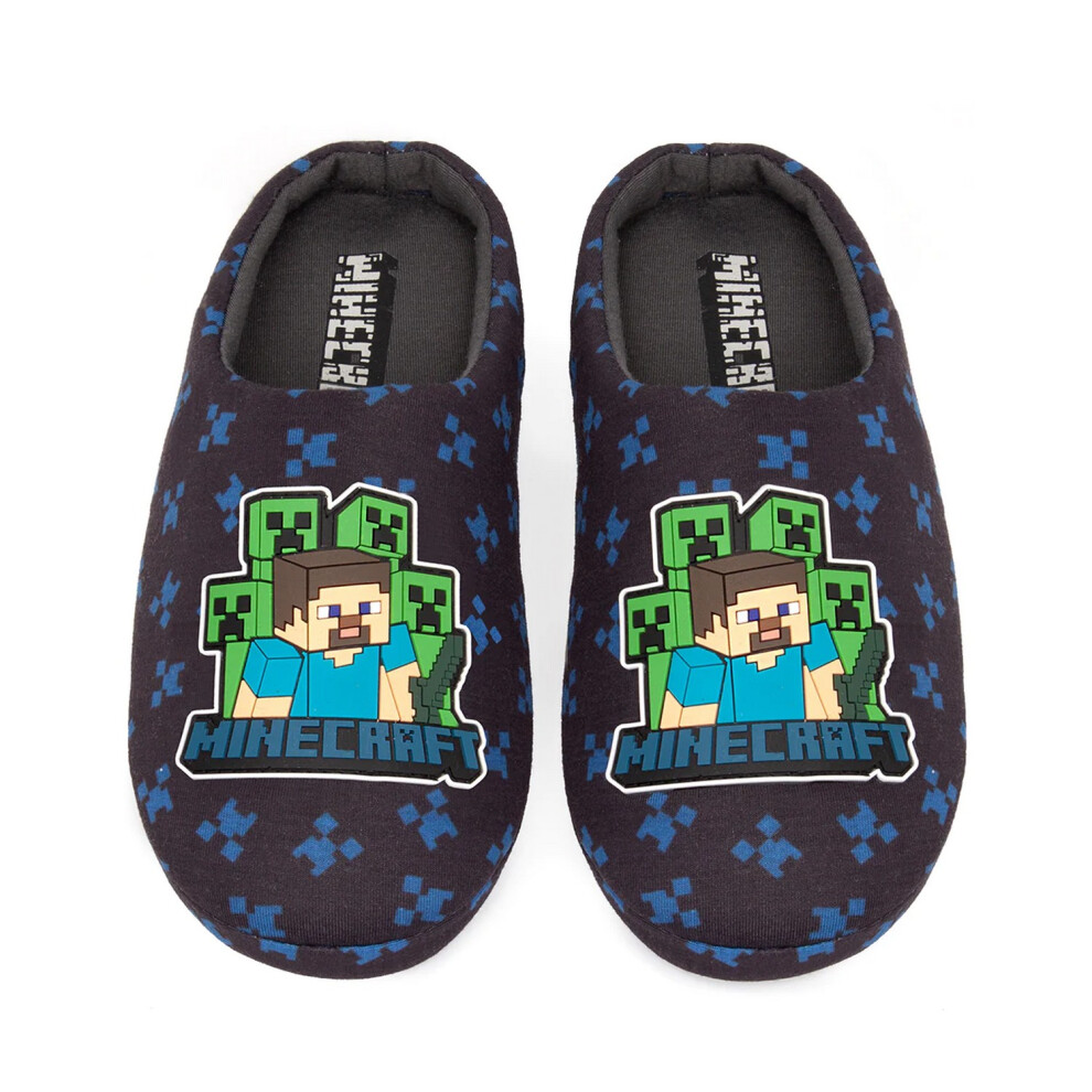 (3 UK, Navy Blue) Minecraft Boys Creeper Slippers