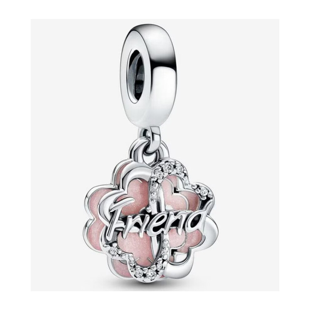 925 Sterling Silver Four-leaf Clover Friendship Double Dangle Charm Fit Bracelet Bead Jewelry Gift