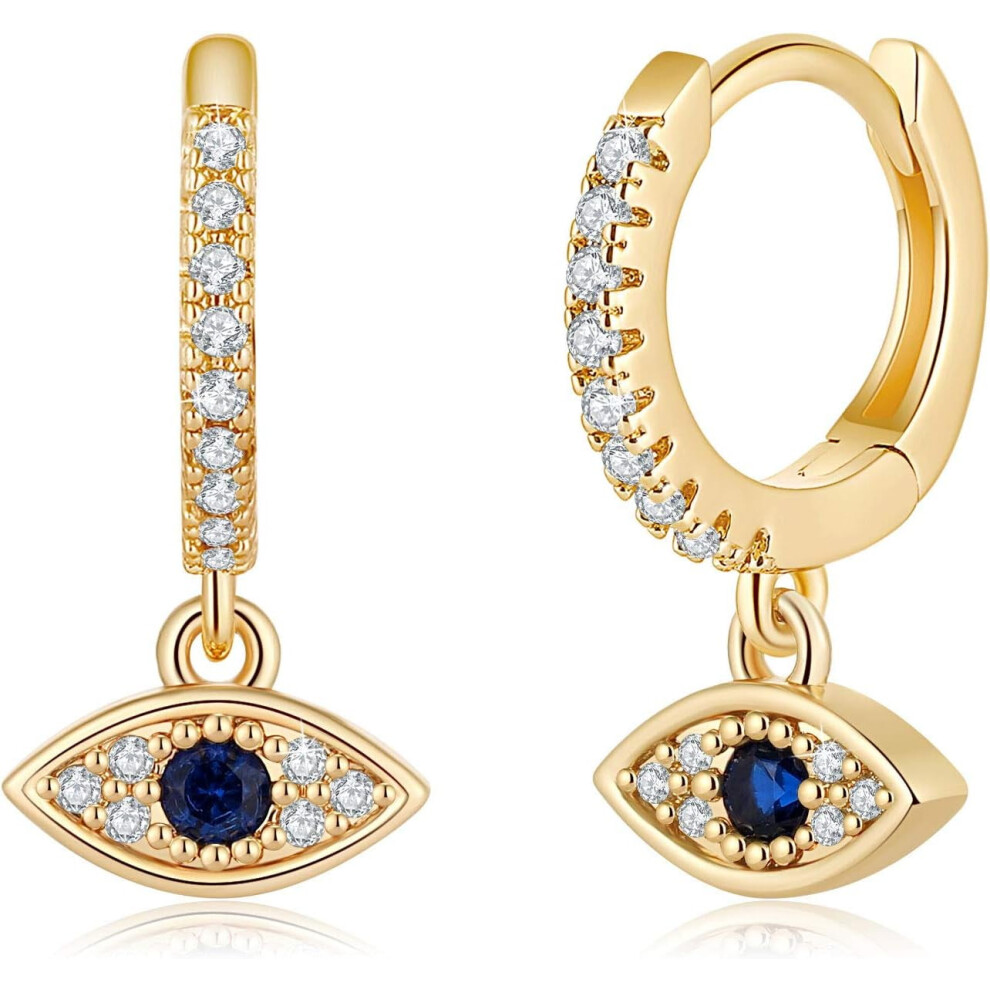 ("CZ Evil Eye) Gold Huggie Hoop Earrings, S925 Sterling Silver Post Dangle Hoop Earrings Hypoallergenic 14K Gold Plated Small Hoop Earrings with Charms Cross
