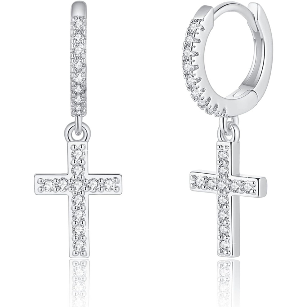 ("Cz Cross:silver) Gold Huggie Hoop Earrings, S925 Sterling Silver Post Dangle Hoop Earrings Hypoallergenic 14K Gold Plated Small Hoop Earrings With C Silver,Gold