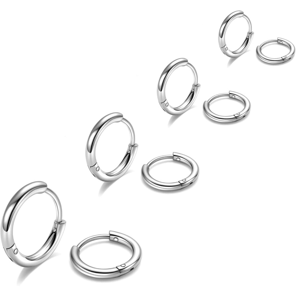 ("6/8/10/12 (8Pcs)-) 316L Surgical Steel Hoop Earrings, 6Mm-20Mm Huggie Hoop Earrings Men Hypoallergenic, Small Sleeper Mens Hoop Earrings Carti Silver