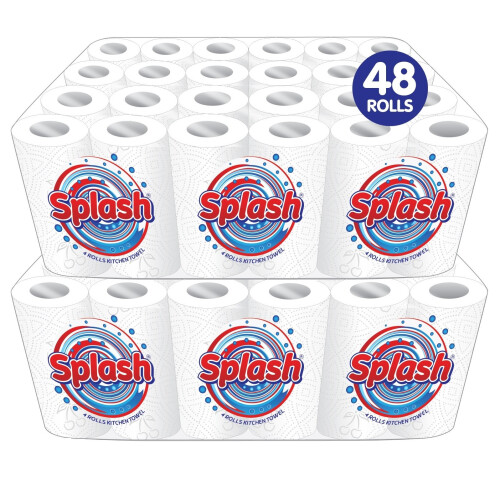 (48 Rolls (4 pack x 12)) Splash 4Pk Kitchen Roll Towel, Strong White Paper
