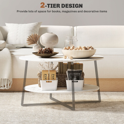 Homcom HOMCOM Round Coffee Table with Storage Shelf and Marble Effect Top, White 1