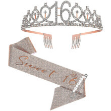 (Gold) 16th Birthday Sash And Tiara For Girls, Sweet Sixteen Birthday Sash Crown 16