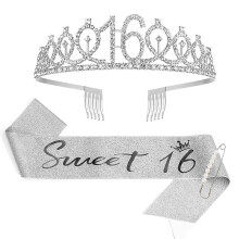 (Silver) 16th Birthday Sash And Tiara For Girls, Sweet Sixteen Birthday Sash Crown 16
