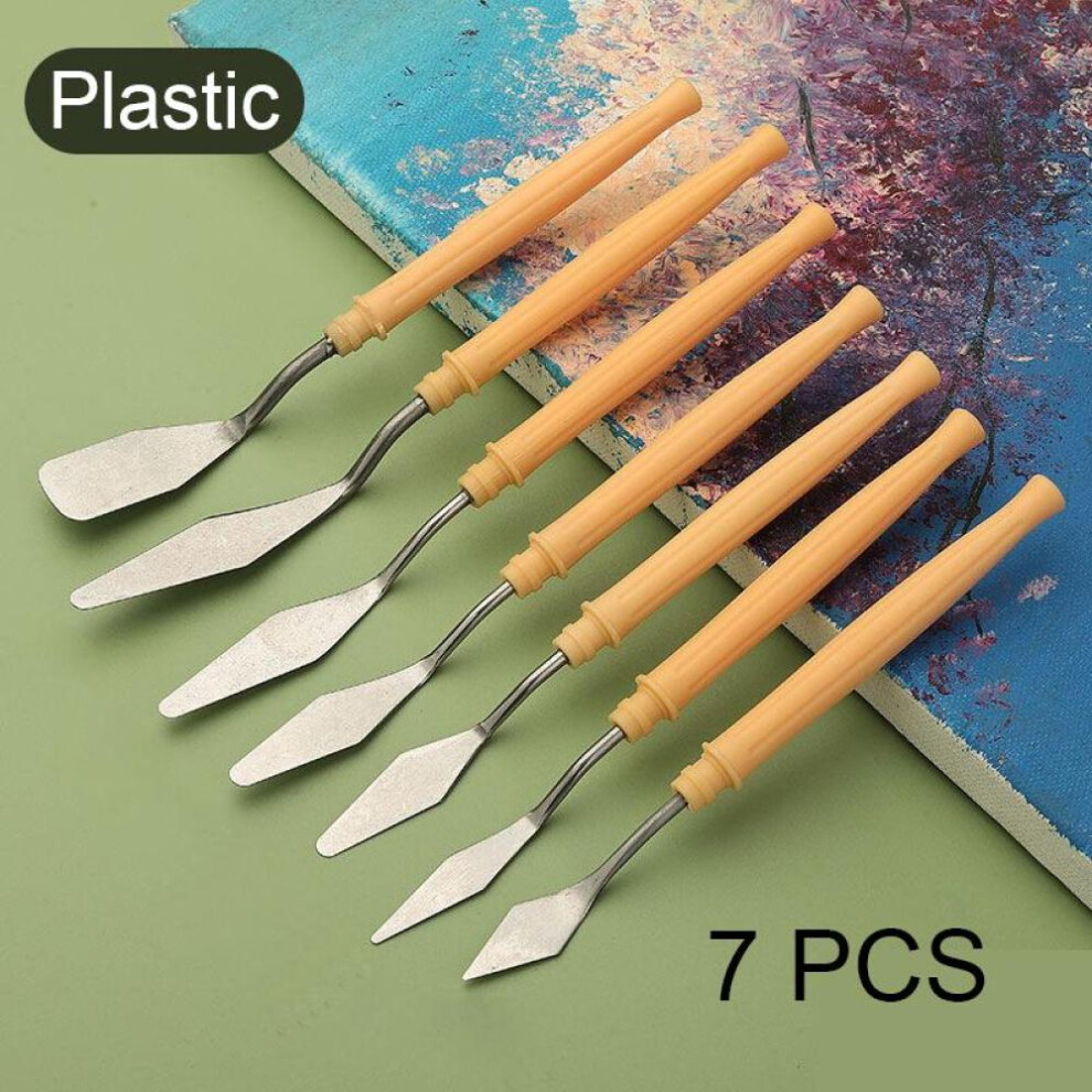 (Plastic, Yellow) 7PCS Stainless Steel Spatula Oil Painting Shovel Baking Pastry Tools Kitchen Tools Fondant Cream Mixing Scraper