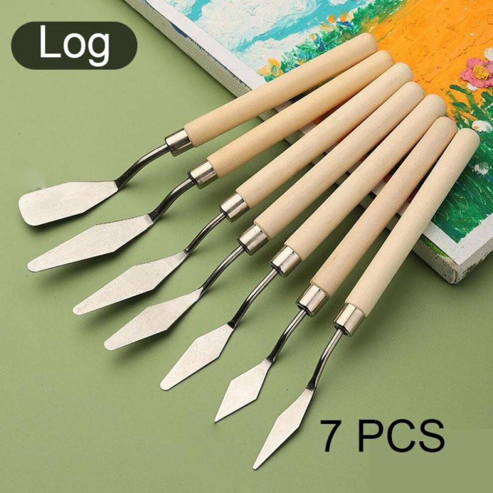 (Log, Beige) 7PCS Stainless Steel Spatula Oil Painting Shovel Baking Pastry Tools Kitchen Tools Fondant Cream Mixing Scraper