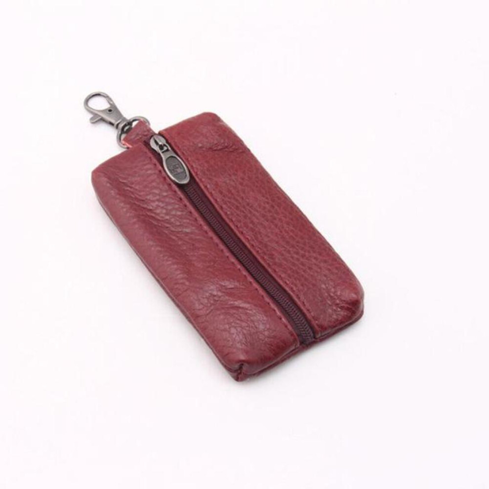 (Red) Car Key Case Men Women Leather Wallets Key Holder Housekeeper Covers Zipper Bag Keychain Cover for Keys Organizer Card Bag