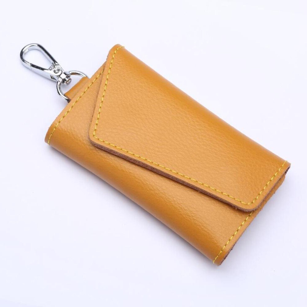 (Yellow) Genuine Leather Keychain Men Women Key Holder Organizer Pouch Cow Split Car Key Wallet Housekeeper Key Case Mini Card Bag
