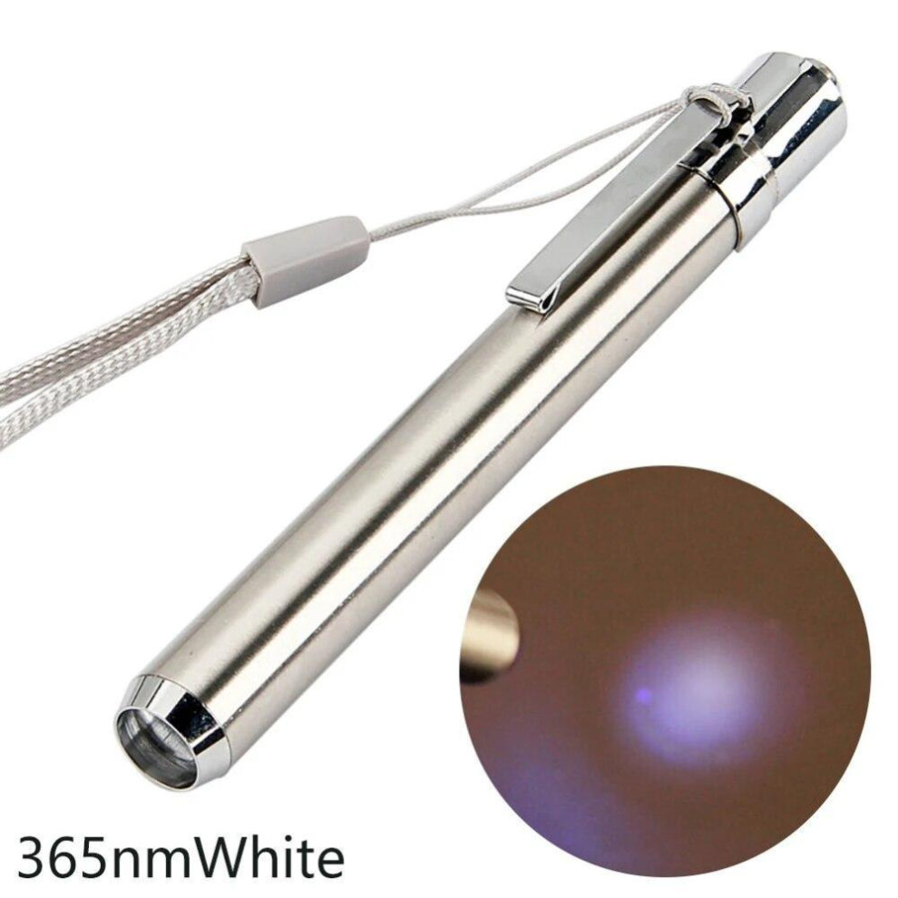 (White) Mini LED Stainless Steel Mini Lamp 395/365 UV Flashlight Torch Ultra Violet Light AAA Battery for Marker Checker Detection