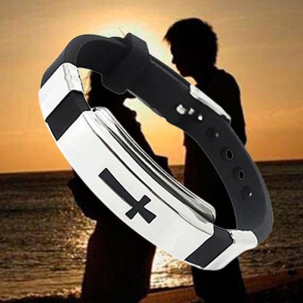 Men&apos;s Women&apos;s Stainless Steel Bracelet Cross Black Rubber Bangle Lovers Jewelry