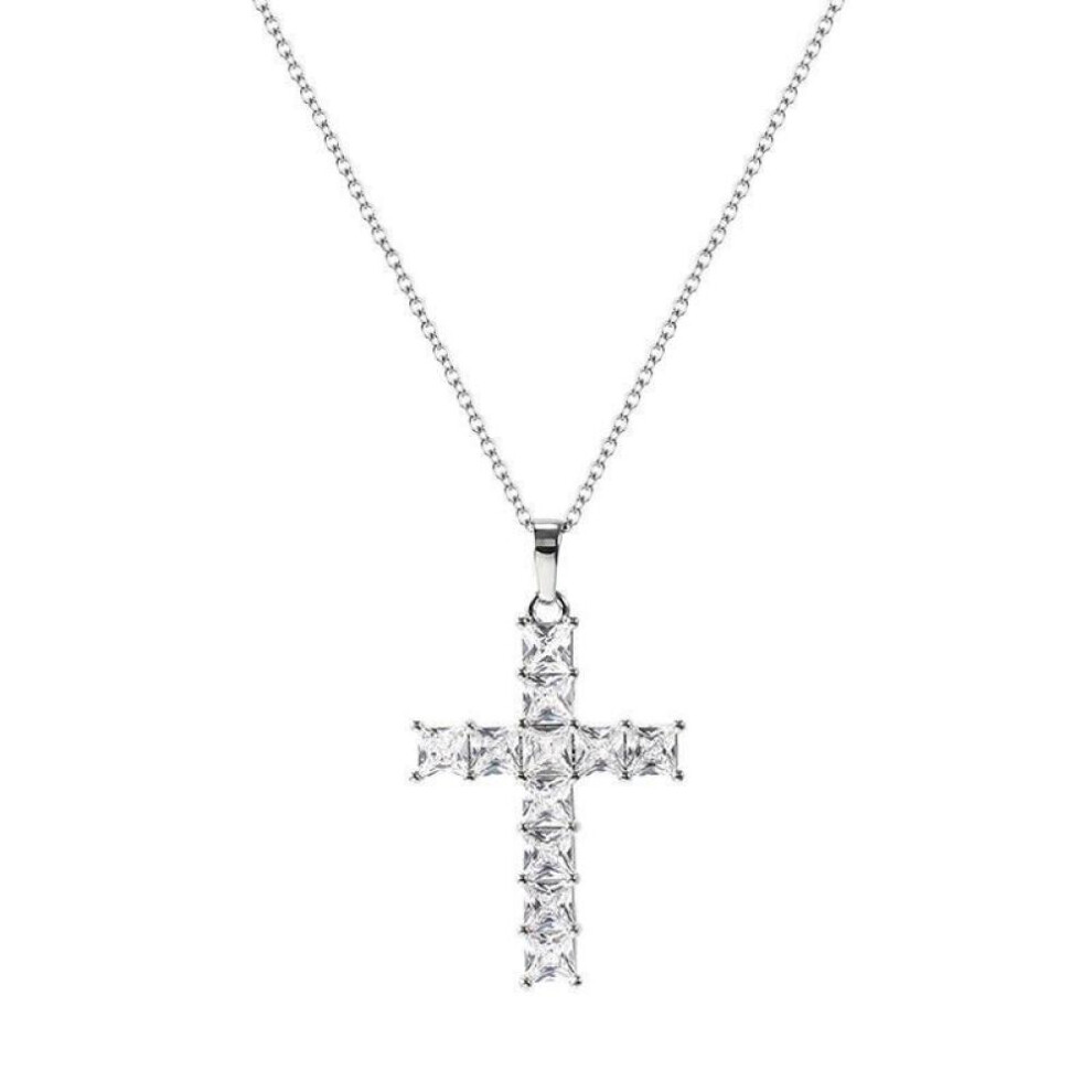 (Silver) Trendy Classic Unisex Cross Necklace Dropshipping Gold Multi Color Crystal Jesus Cross Pendant for Women Gifts