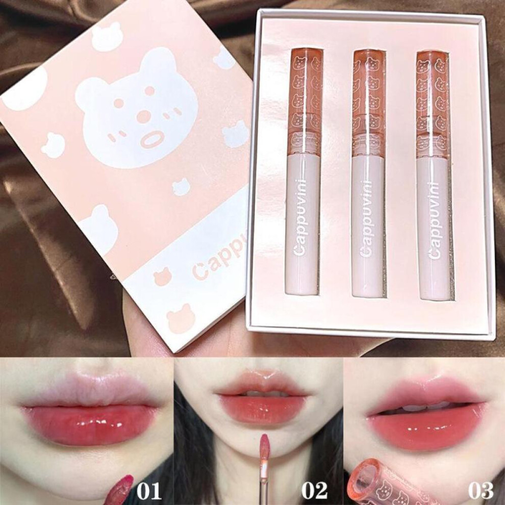 (A123) 3Pcs Lipgloss Moisturize Lip Gloss Lip Glaze Transparent Glass Lip Oil Waterproof Liquid Lipstick Nude Brown Clear Tint Makeup