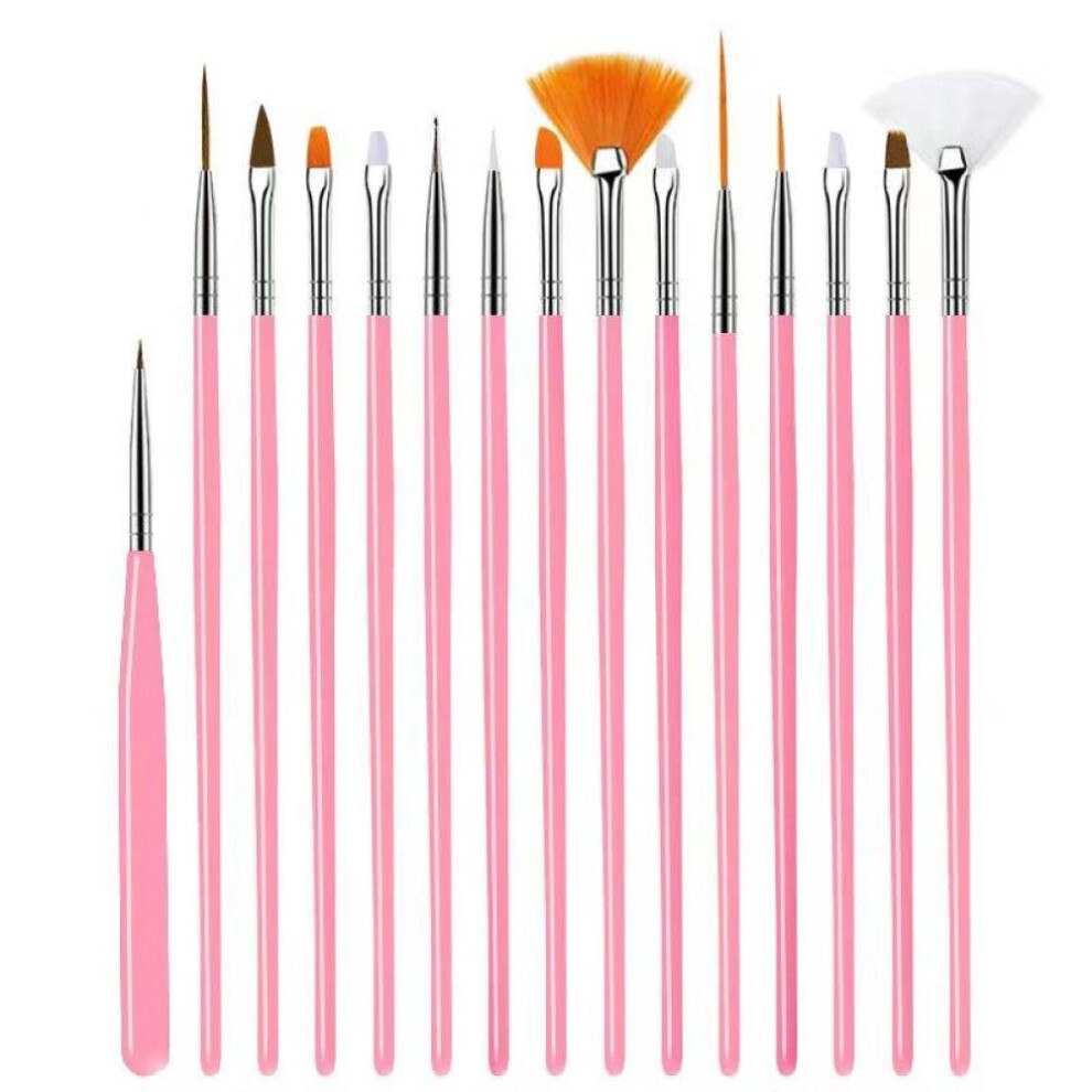 (Pink) 15Pcs Nail Brush Gel Brush For Manicure Acrylic UV Gel Extension Pen Nail Polish Painting Drawing Brush Liner Nail Brush