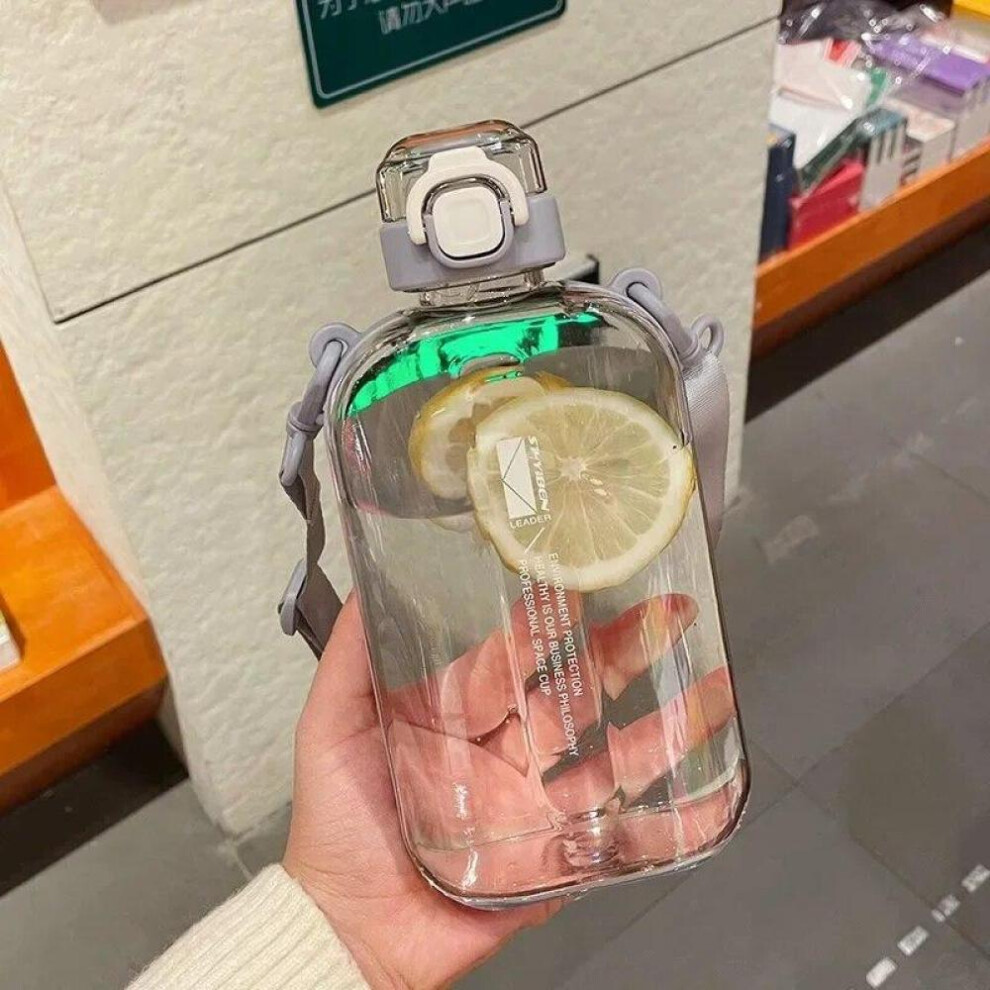 (Grey) Flat Square Transparent Water Bottle Portable Travel Canteen With Adjustable Strap Drinking Bottle For Sport Camping