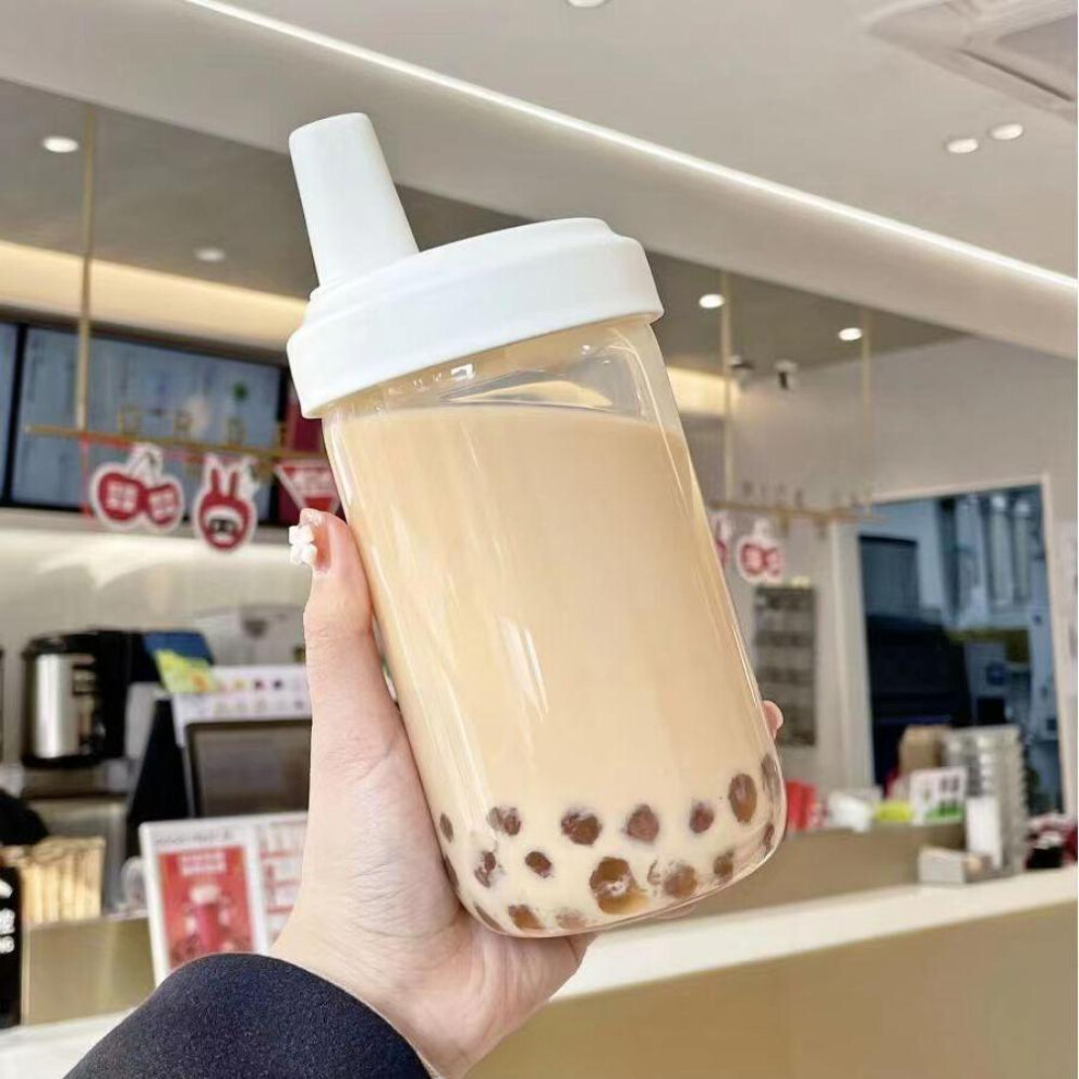 (850ml, White) Kawaii Cat Boba Plastic Water Bottle with Straw PU Sleeve Cute Coffee Bubble Tea Milk Cups Portable Drinking Bottle BPA Free