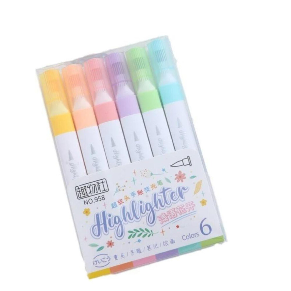 6 Colors Pastel Color Highlighter Pen Set Brush Fluorescent Markers Highlighters Pens Art Marker Japanese Cute Kawaii Stationery