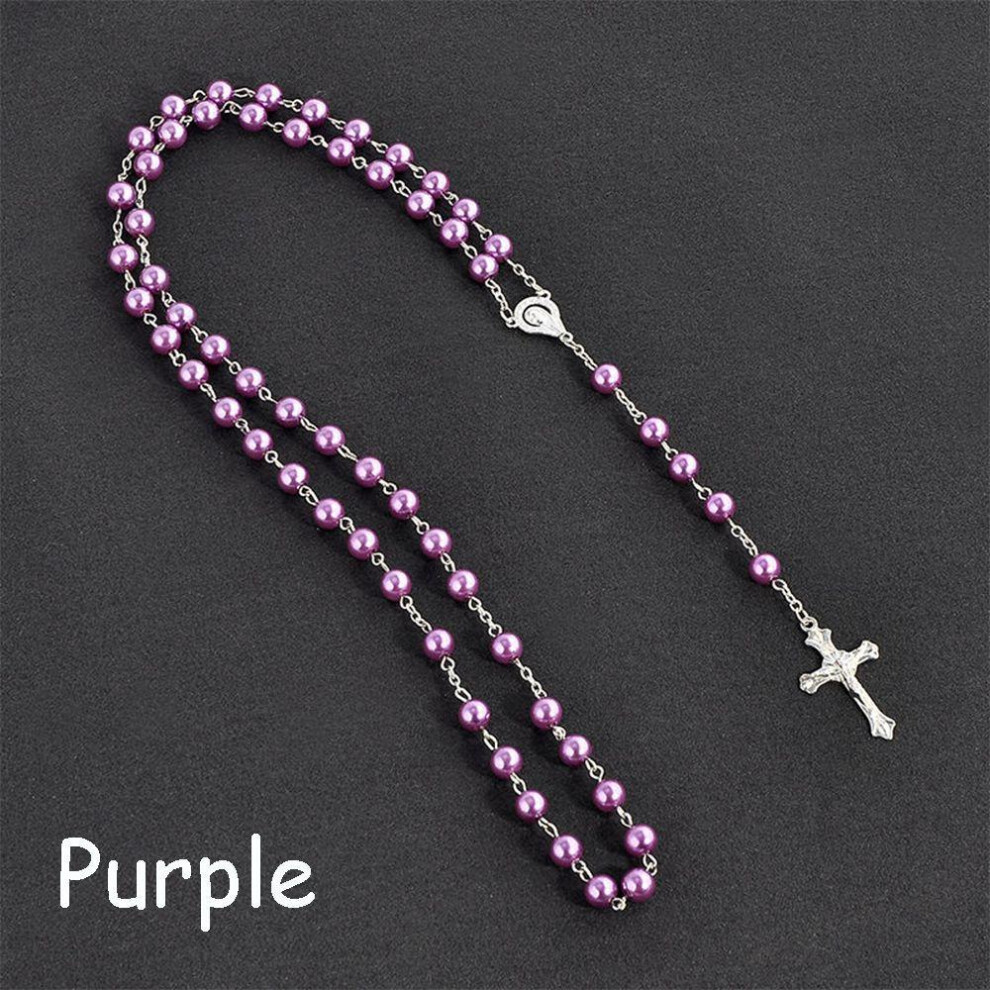 (Purple) 1PC Vintage Rosary Beads Cross Jesus Crucifix Virgin Mary Pendant Chain Necklace Fashion Jewelry Gift