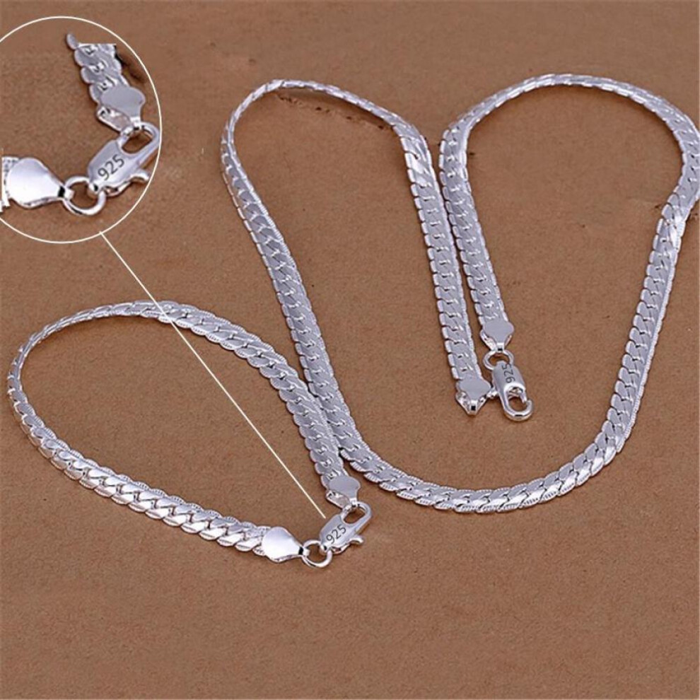 (Silver, 50cm and 20cm) 925 Sterling Silver 18K Gold 6MM Chain Bracelets Neckalce for Women Men Fashion Party Wedding Jewelry Sets Gifts
