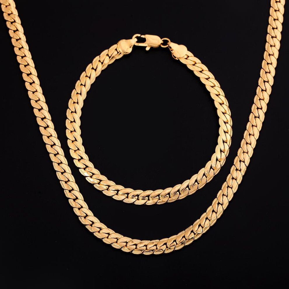 (Gold, 55cm and 20cm) 925 Sterling Silver 18K Gold 6MM Chain Bracelets Neckalce for Women Men Fashion Party Wedding Jewelry Sets Gifts