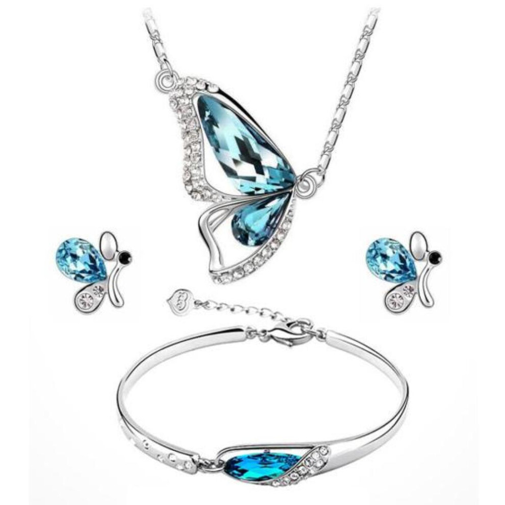 Women Fashion Rhinestone Butterfly Jewelry Set Necklace + Earrings + Bracelet