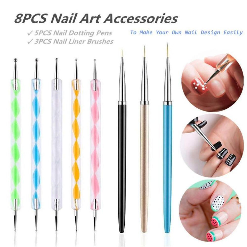 8Pcs Nail Art Pens Set Double-ended Dotting Pens and Liner Brushes for Manicure Tool