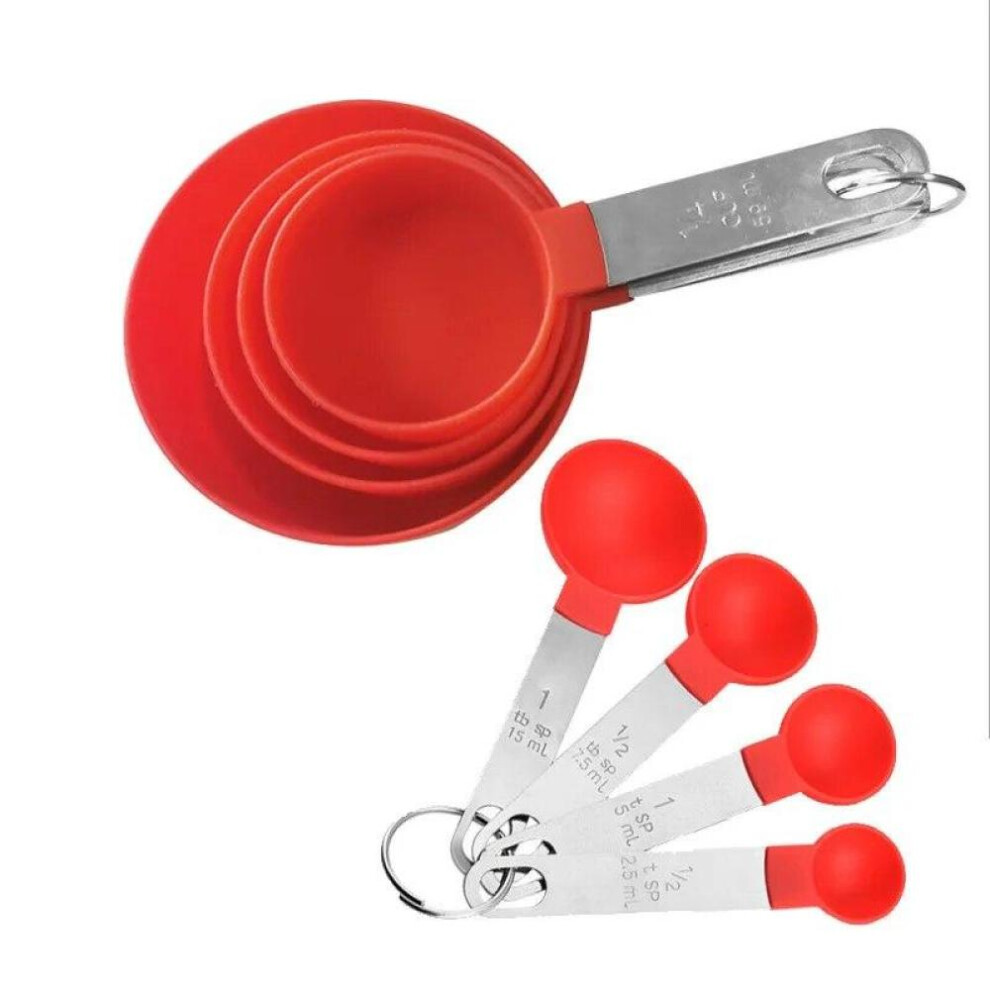 (Red) 8PCS Measuring Cups Spoons Set For Baking Cake Pastry Cooking Utensils Stainless Steel Handle Kitchen Tools Accessories