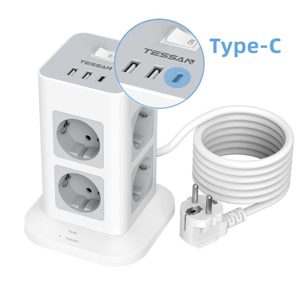 (8 Outlet & 2 USB-A & 1 USB-C, Gray) Tessan 8-way Power Strip Surge Protection With 3 Usb