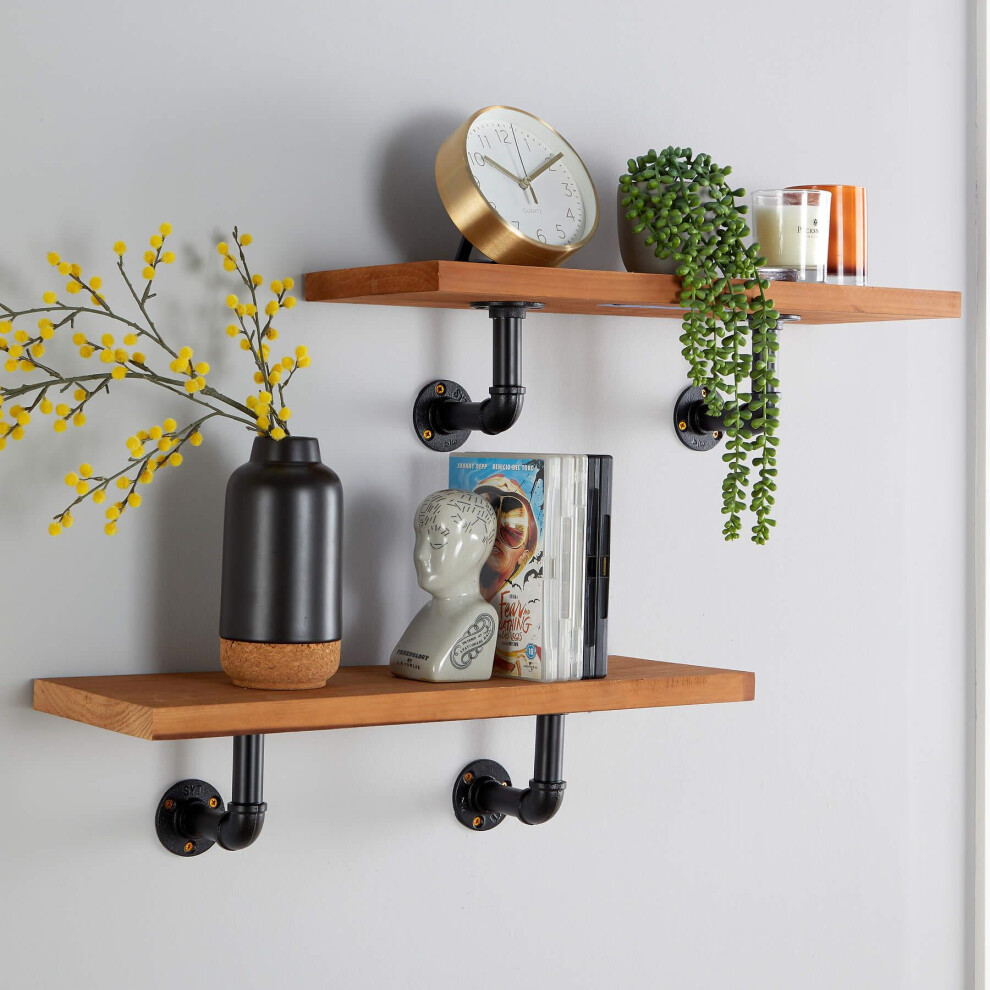 Industrial Pair Shelves with Metal Pipe Brackets Wall Mounted Storage