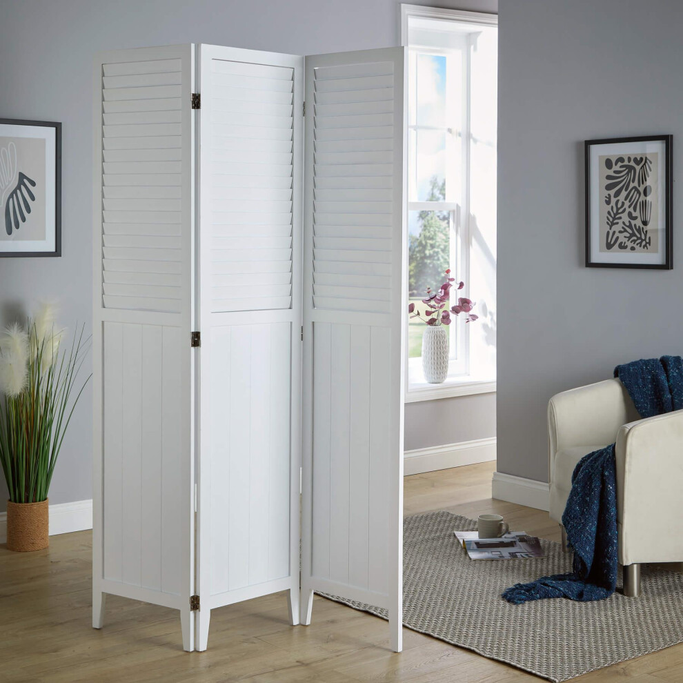 Wooden Room Divider Distressed White Slat Privacy Screen Fully Assembled