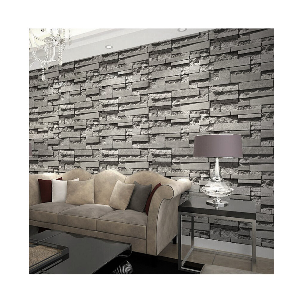 Dark Grey Brick Wallpaper Non Woven Wallpaper Retro 3D Stone Patterned Wall Paper Roll 5m²