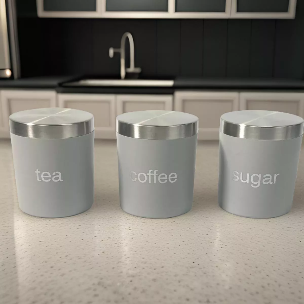 Set of 3 Grey Kitchen Canisters - Tea, Coffee, and Sugar Storage Jars