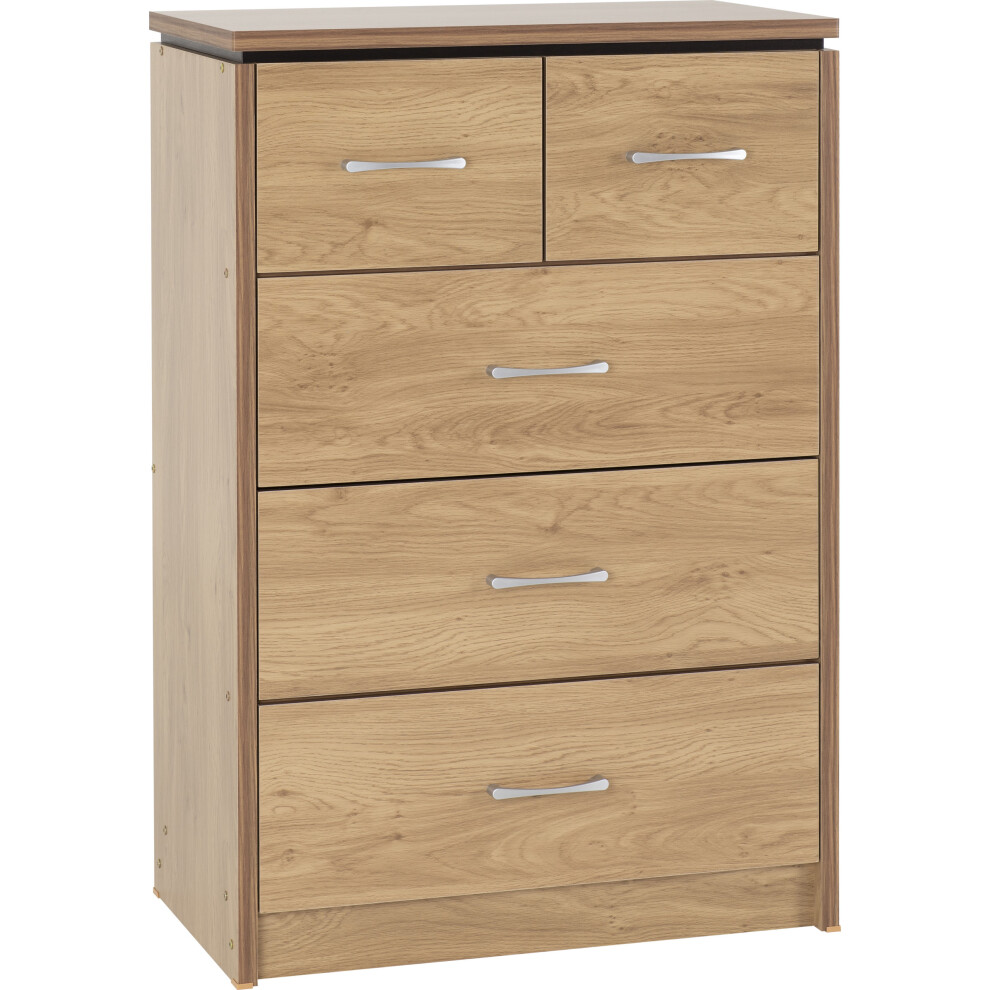 Charles 3+2 Drawer Chest Oak Effect Veneer with Walnut Trim