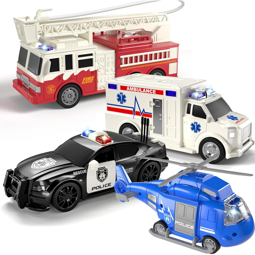 Veeki Temi 4 Pack Emergency Vehicles For Kids, Helicopter, Police Car, Fire Truck, Ambulance Friction Powered Toys For Toddlers, Gifts For Age 3-12