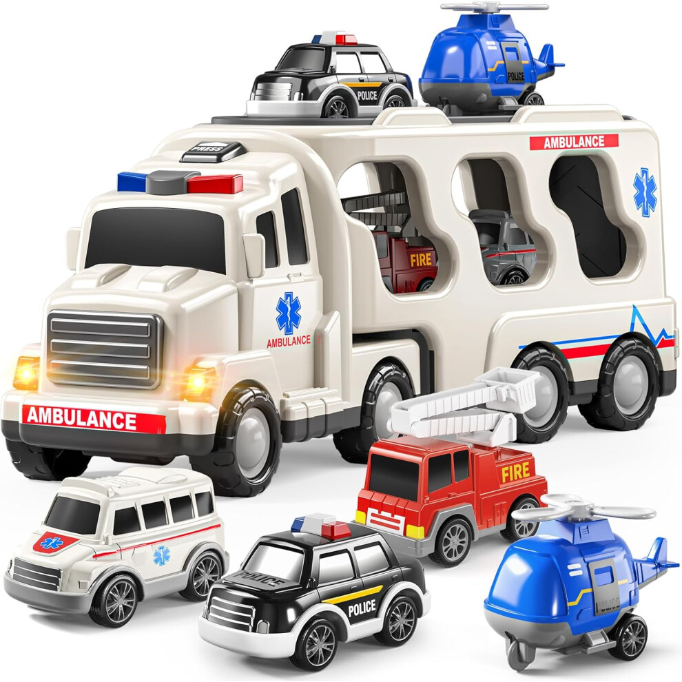 5 Pack Emergency Rescue Vehicle Toddler Truck Toys for 3 4 5 6 Year Old Boys, Friction Power Cars with Rescue Helicopter, Police Car, Fire Truck