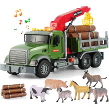 Timber Logging Truck w/Functional Loading Crane Toy & Bundle of Logs, Large 15" Semi Transport Tow Truck Hauler Playset for Kids