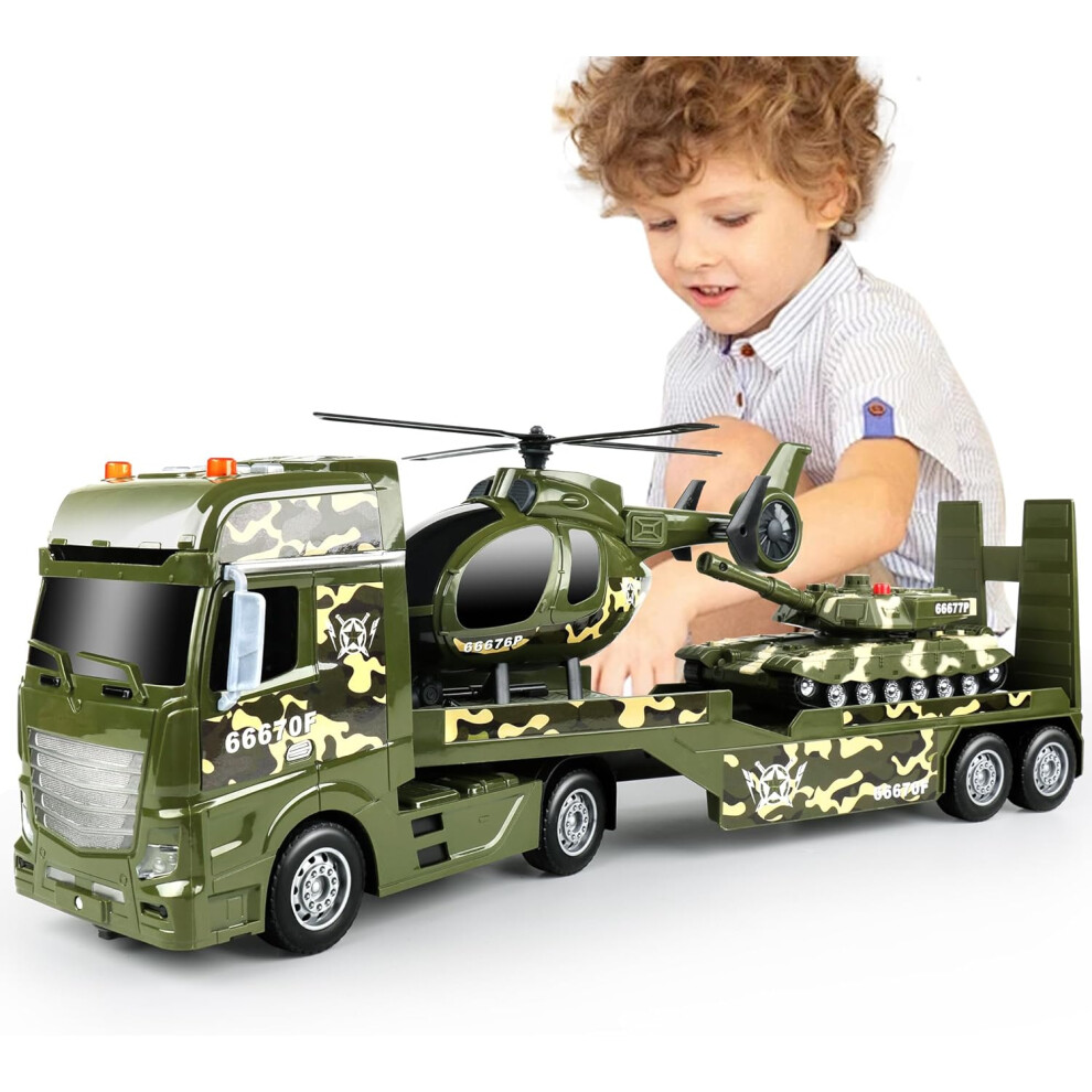 Dwi Dowellin Green Military Big Truck Toys,25.6" Semi Truck Toy with Helicopters and Tank,Army Toys with Lights & Sounds,Birthday Gift