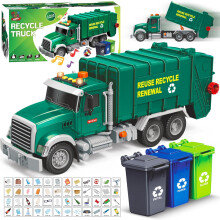 Garbage Truck Toy - Recycling Truck for Boys with 3 Garbage Cans + 48 Flash Cards - Push & Go, Lights & Sounds - Multi-Functional Trash Truck