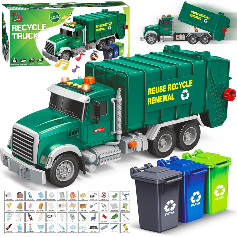 Veeki Garbage Truck Toy - Recycling Truck For Boys With 3 Garbage Cans + 48 Flash Cards - Push & Go, Lights & Sounds - Multi-Functional Trash Truck