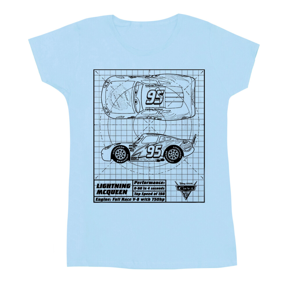 (L, Baby Blue) Disney Womens/Ladies Cars Lightning McQueen Blueprint Cotton T-Shirt