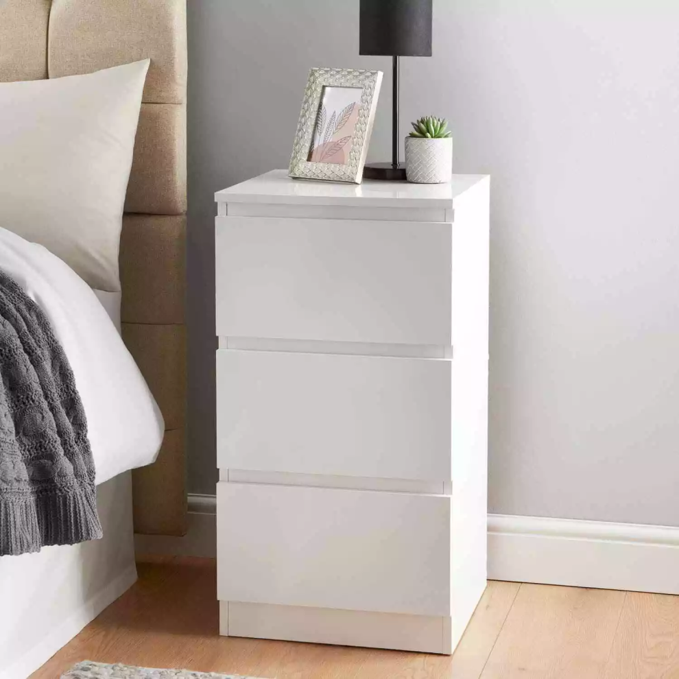 Elegant White 3-Drawer Bedside Table - High Gloss Bedroom Cabinet