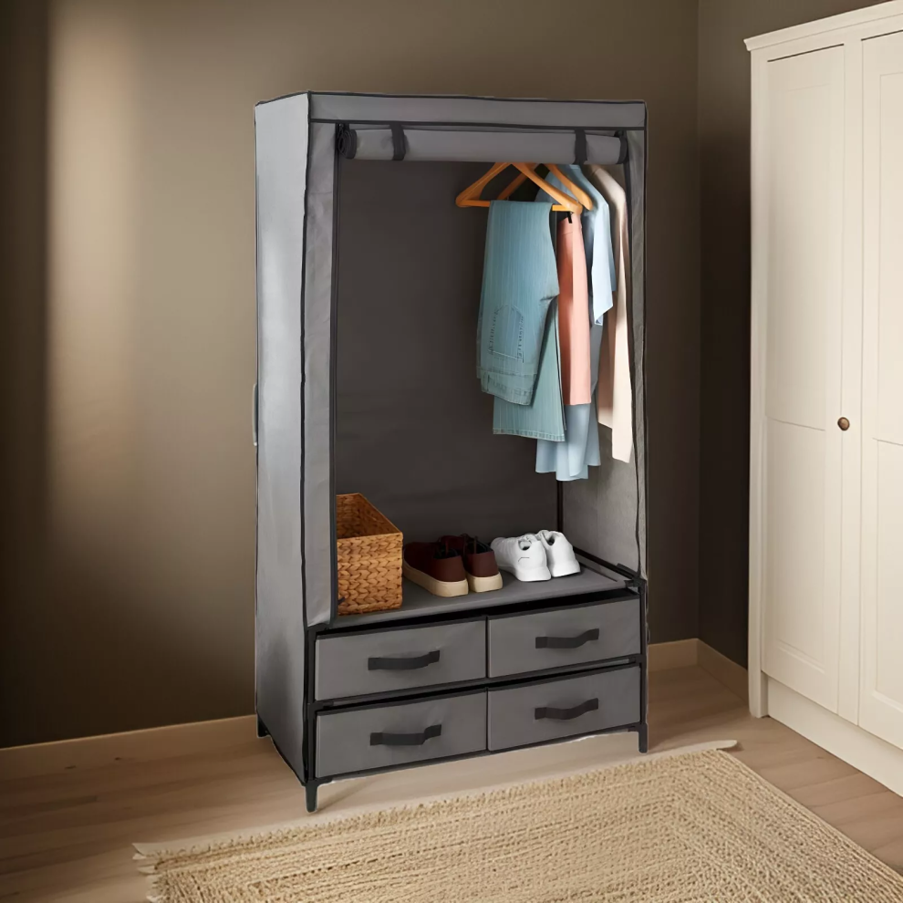 Deluxe Double Canvas Wardrobe - Grey with Roll-Up Door and Drawer