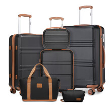 (Black and Brown) 6 Pieces ABS Hard Shell Suitcase Set With Duffel Bag And Toiletry Bag
