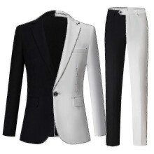 (XL) Men's Suit Black And White Color Blocking Suit Two-piece