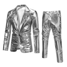 (XL, Silver) Sliktaa Mens 2Pce Suit Glossy Shiny Waterproof Blazer and Pants