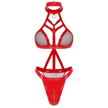 (XL, Red A) Womens Lingerie Nipples Cups Exotic Teddies Leather Halter Crop Top Zippered Crotch High Cut Bodysuit Wet Look Clubwear Costumes